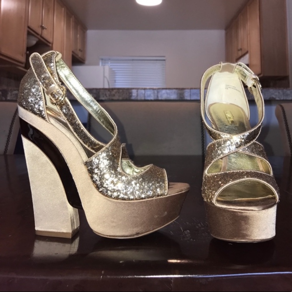 DISCO QUEEN GOLD SEQUIN & SATIN PLATFORMS